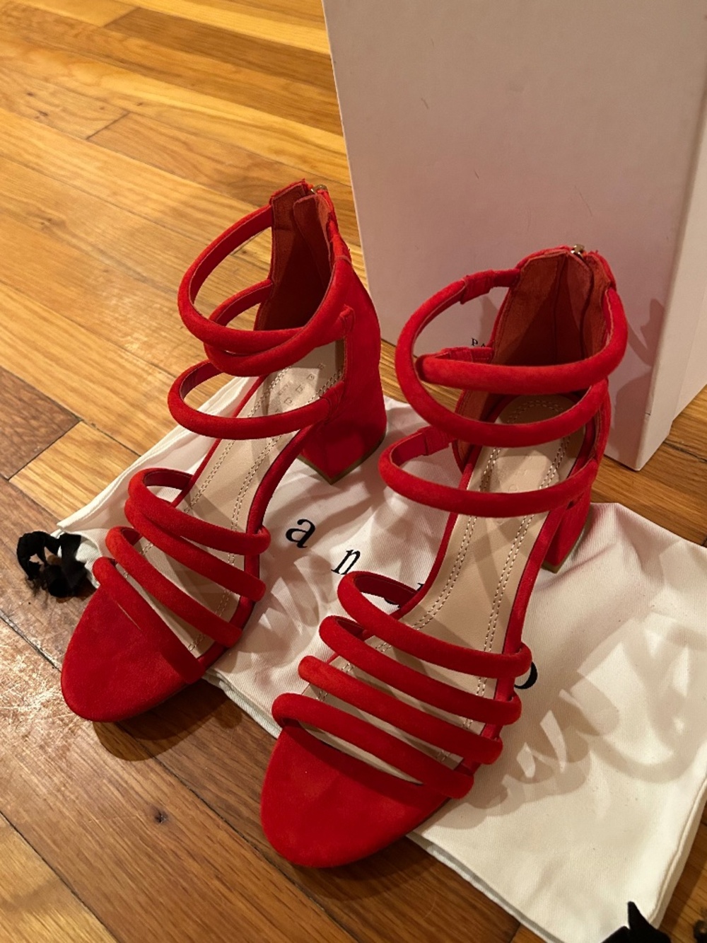 SANDRO Tessa Red Suede Caged Chunky Heel Sandals